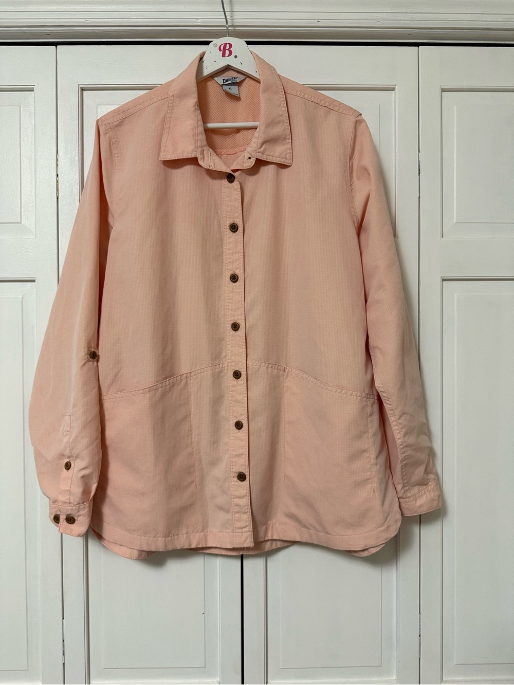 Duluth Trading Co Peach Button Up Utility Shirt Front/Rear Pockets Hiking Garden